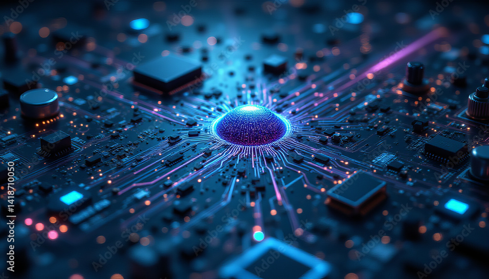 Poster futuristic circuit board with glowing elements and intricate patterns, showcasing technology