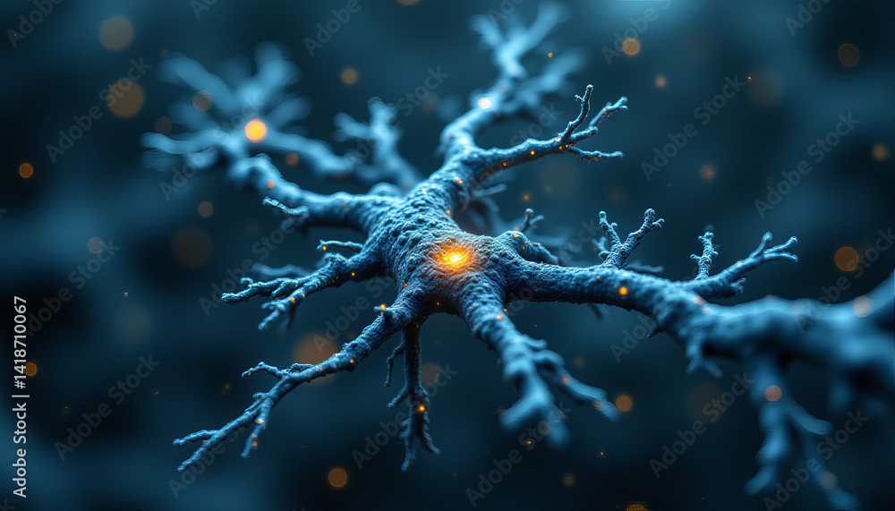 Poster detailed depiction of neuron with glowing synapses, showcasing intricate structures
