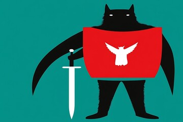 A stout, fierce figure wielding a sword, clad in red, symbolizes protection.