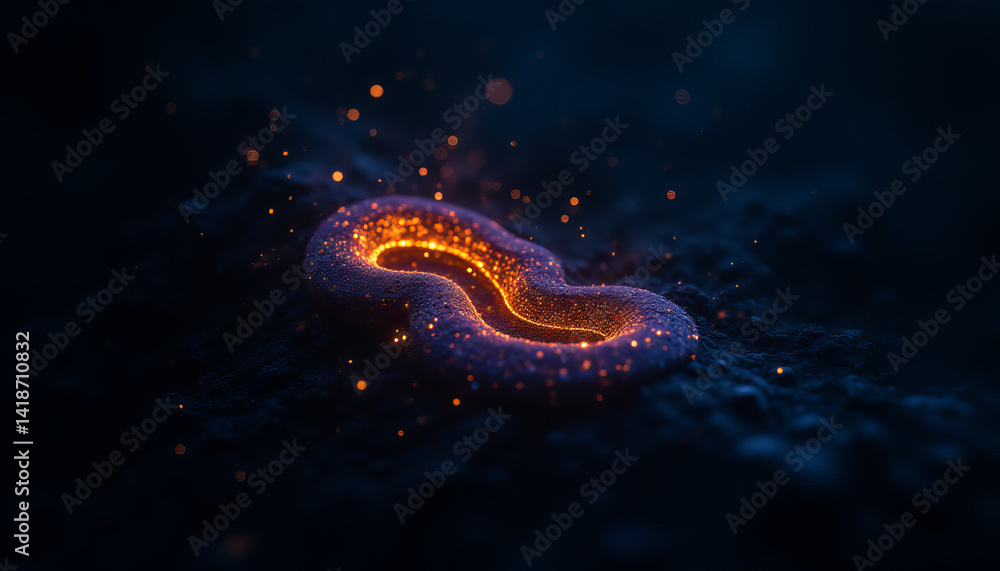 Poster glowing, luminescent shape with sparkling particles in dark environment evokes wonder