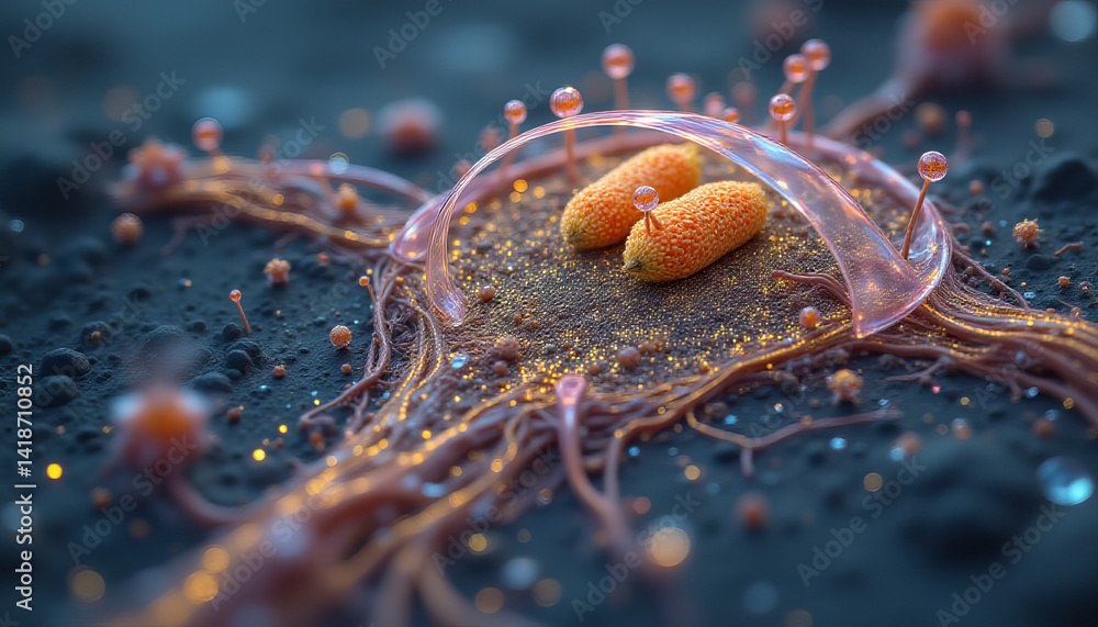 Poster microscopic view of vibrant cellular structures with glowing elements and intricate details