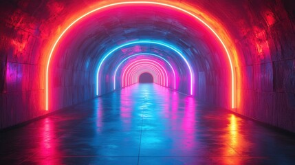 3D rendered abstract background featuring a glowing blue and purple arch - shaped light on a black, empty floor, along with a shiny, white, round tunnel portal.