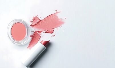 A vibrant pink lipstick rests against a white background, showcasing its broken stick and soft pastel smudges of red and purple 