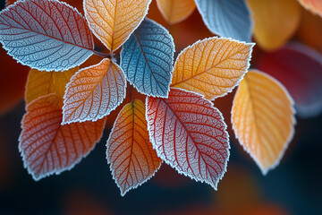 A close-up of frost forming on the edges of leaves