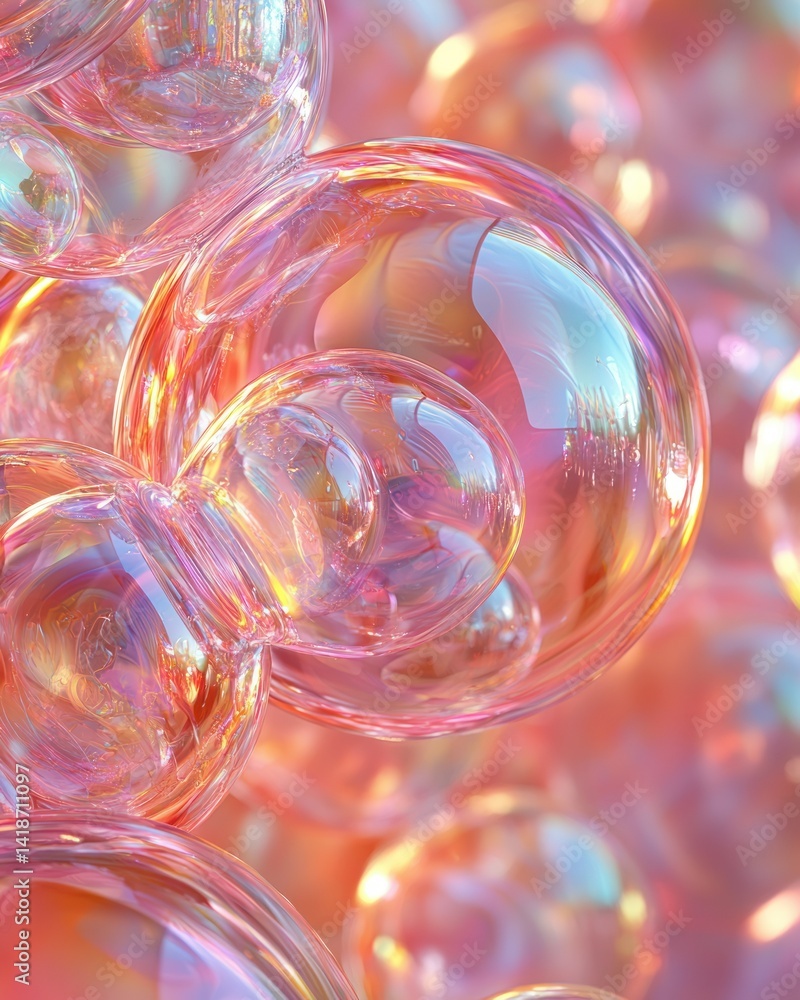 Poster abstract cluster of translucent, iridescent bubbles, showcasing a variety of soft, pastel pink and p