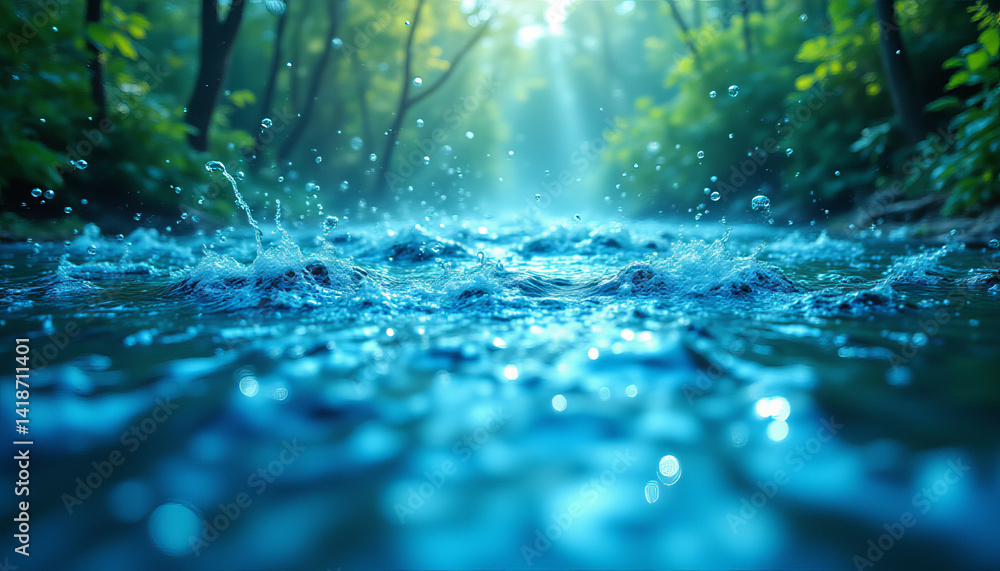 Poster water surface with splashes, sunlight filtering through trees, creating serene atmosphere
