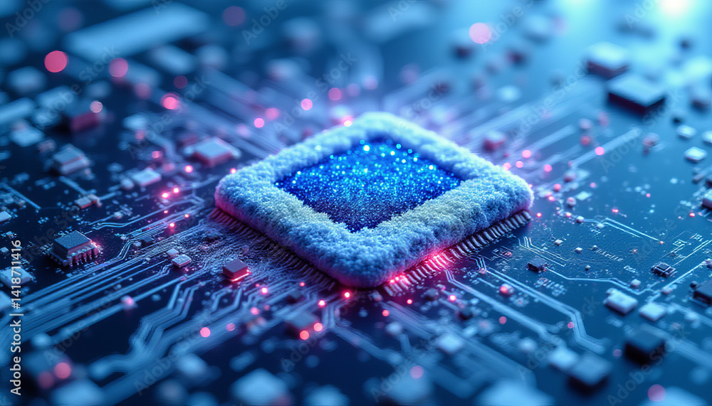 Poster close up view of circuit board with glowing microchip, showcasing technology and innovation