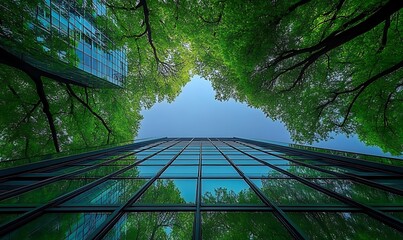 Green business concept with glass office building view from low angle and green trees ,