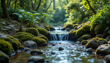 serene stream flows through lush forest, surrounded by mossy rocks and vibrant greenery