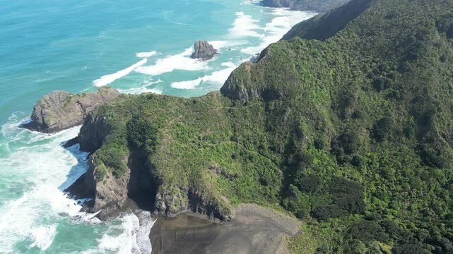 Drone View of Rugged Coastline Near Bethells Beach, West Coast, New Zealand