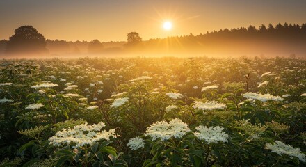 Sunrise Over Sambucus nigra. Arbusto en flor de Sa&uacute;co Com&uacute;n Field