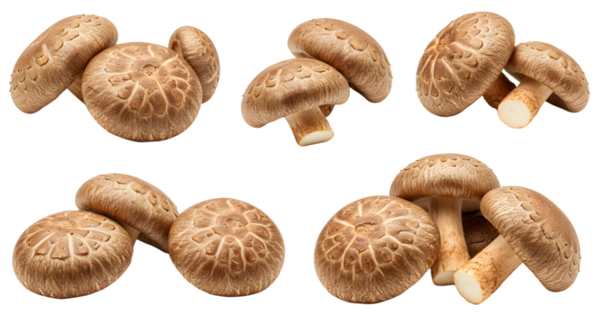 Freshly harvested shiitake mushrooms arranged artistically on a white background, showcasing their rich texture and color