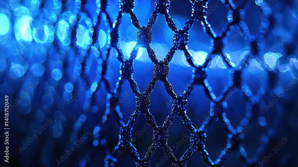 Poster abstract close-up view of a dark blue netting. bokeh lights of a blue hue are visible through the me