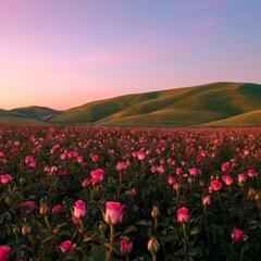 Obraz premium Vibrant rose field blooming under a sunset sky 