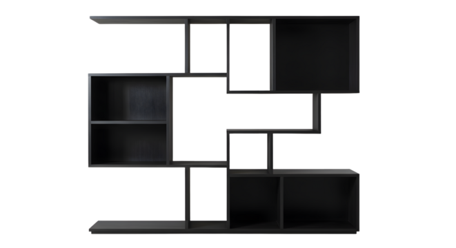 Modern black shelving unit with geometric design, showcasing minimalist style and functionality in a bright interior setting
