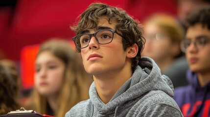 Thoughtful Male Student with Glasses in Classroom Environment