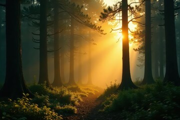Golden rays pierce misty forest, awakening slumbering trees, early morning, woods, peaceful