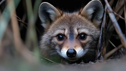 Fototapeta premium Close-up of a young fox peering out from vegetation