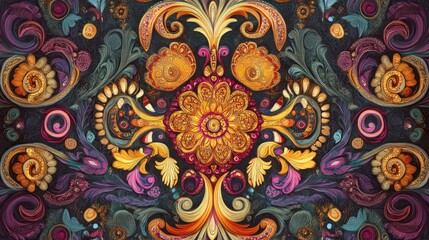 Ornate Golden Floral Tapestry: A Symphony of Color and Design