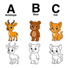 Alphabet ABC with Cute Animals – Antelope, Bear, Cat – Colored and Outline Version for Kids