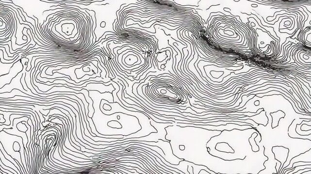 Abstract topographic elevation map with black contour lines over a white surface displaying height levels, vector illustration, cartography.