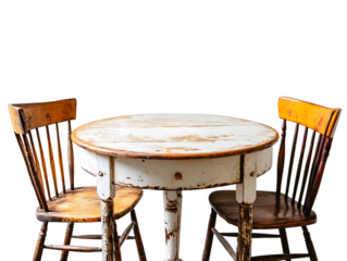 Rustic round table with two vintage wooden chairs, set against a plain background, evoking a cozy dining atmosphere