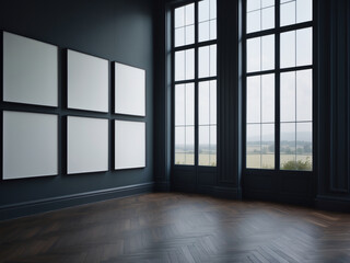 Minimalist interior featuring blank white canvases on a dark wall, complemented by herringbone-patterned wood flooring and abundant natural light.
