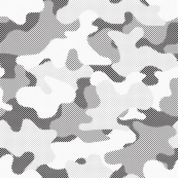 Abstract halftone seamless camouflage pattern. Repeating digital dotted hexagonal camo military texture background. Abstract modern fabric textile ornament. Vector illustration.