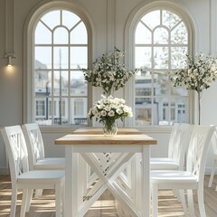 Fototapeta premium Brightly lit dining room featuring a wooden table and white chairs