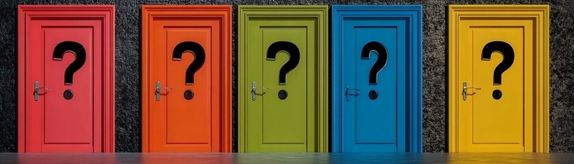 Colorful doors with question marks representing the challenging decision making process of choosing the right career path amid uncertainties and fears of missing better options, 