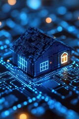 Obraz premium Smart Home Technology Concept: Miniature House on Circuit Board with Blue LED Lights