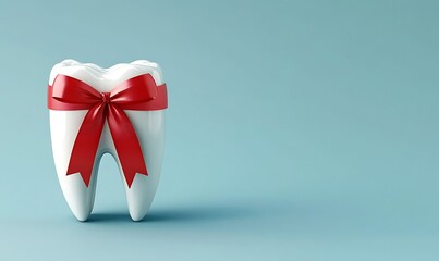 A white molar shaped like a gift decorated with a red ribbon set against a light blue background, perfect for marketing ideas 