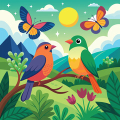 Naklejka premium Cute cartoon birds a colorful drawn on a branch and tree in a vector illustration of nature's spring design.
