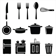Kitchen Utensils and Appliances Silhouette Icons  Vector Set
