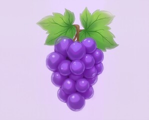 A charming anime illustration of a bunch of round, deep purple grapes with a light bloom, hanging from a stylized green vine with leaves, isolated against a soft light purple background. The clustered