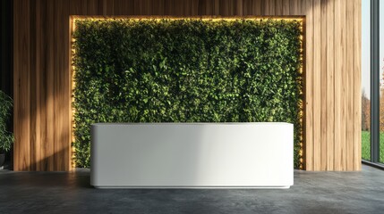 A sleek reception desk sits before a living green wall
