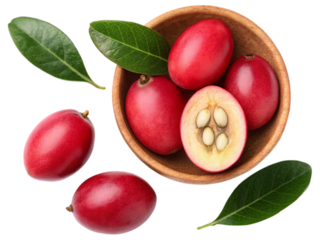 Miracle Fruit (Synsepalum Dulcificum) on wooden bowl isolated on white background. Suitable for marketing or business purposes. PNG file