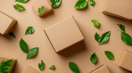 Brown Boxes Surrounded by Fresh Green Leaves on Neutral Background