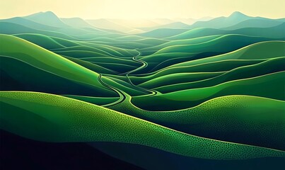 Green rolling hills landscape in a minimalist abstract style. 