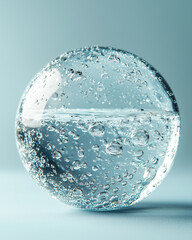 Crystal clear glass sphere with bubbling water on 
 lite Light green gray background