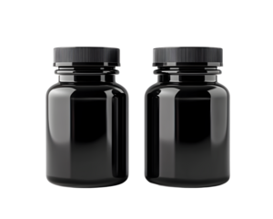 Two sleek black jars with screw-on lids, positioned symmetrically against a white background, ideal for packaging or product display