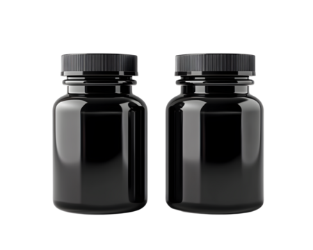 Two sleek black jars with screw-on lids, positioned symmetrically against a white background, ideal for packaging or product display