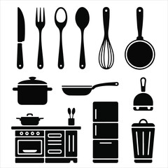 Kitchen Utensils and Appliances Silhouette Icons – Vector Set