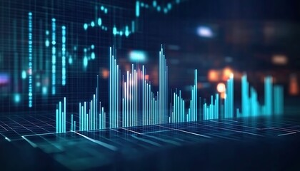 Perspective view of stock market growth business investing and data concept with digital financial chart graphs diagrams and , 