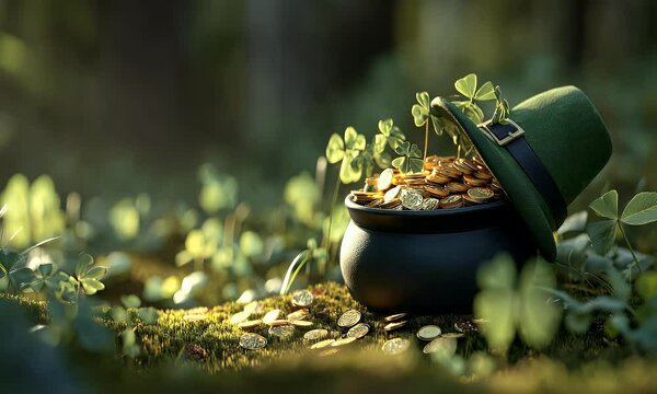 Leprechaun treasure in a pot of gold with clover, against a green background. Great St. Patrick's day!