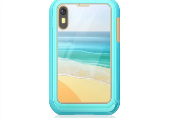 Light blue protective phone case with a beach scene
