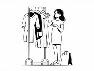 Woman selecting clothes from rack with shopping bag in hand drawn style