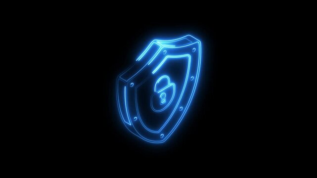 Glowing neon shield icon, isolated on black background. HD Video motion graphic animation