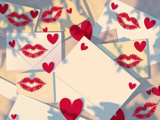 Romantic envelopes with red lips and hearts in sunlit display of love and affection
