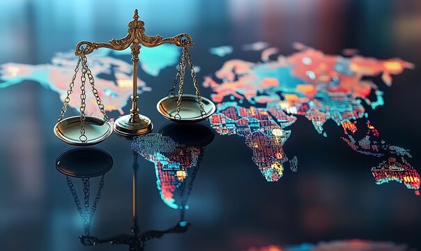 A global finance law concept with scales of justice overlaid on a world map filled with stock market symbols , 